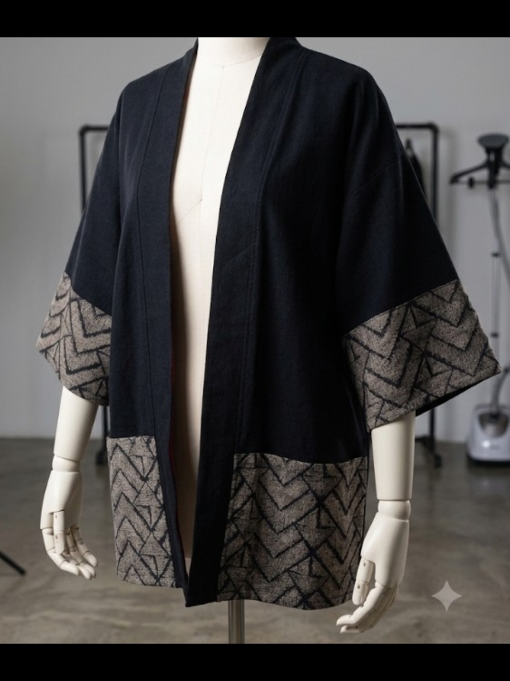 Black Open-Front Kimono Patterned Trim (Free Size) Cotton Boho Festival Layer
